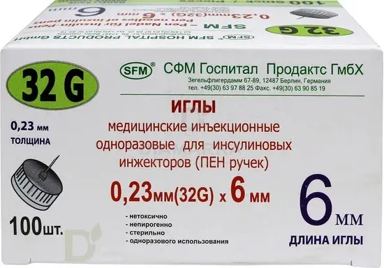 Иглы для шприц-ручек SFM 6 мм 32G, 100 шт.
